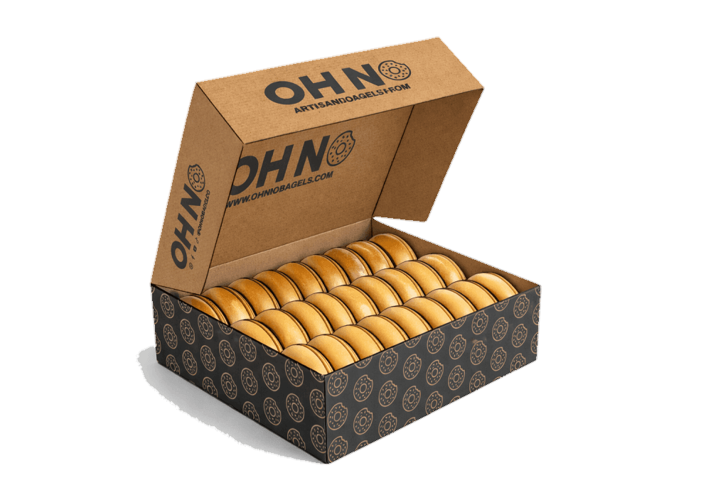 An Oh No Bagels Corporate Box filled with bagels