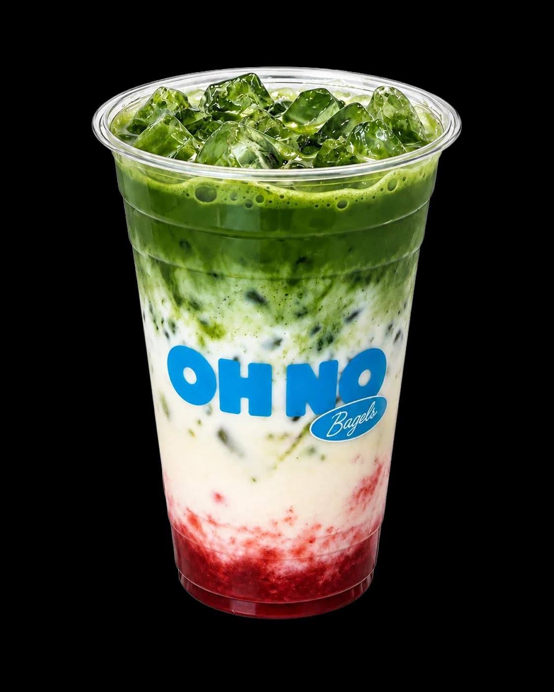Iced Strawberry Matcha with layers of strawberry, milk, and matcha