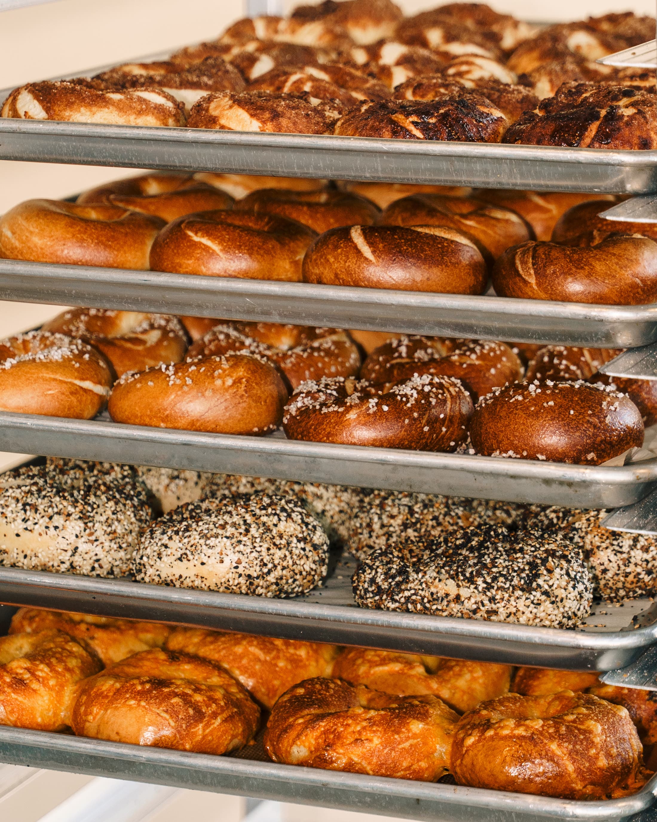 Trays of fresh bagels prepared for a large order